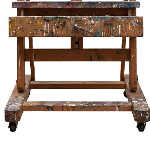 Paint-splattered wooden artist’s easel